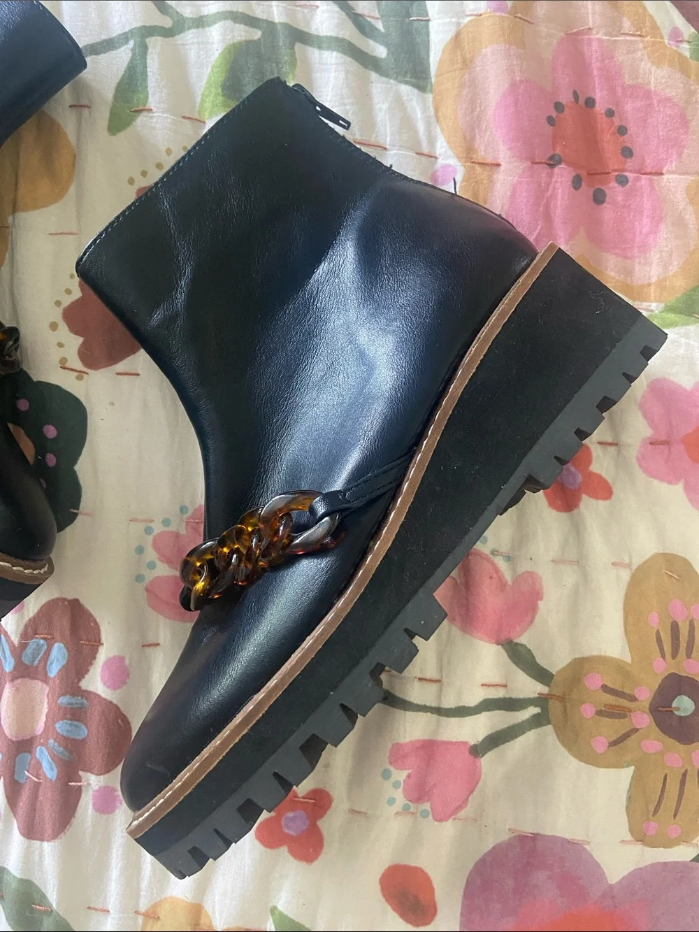 Coconuts by Matisse Black Leather Platform Ankle Boots with Tortoiseshell Chain